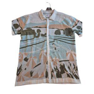 Lost In Paradise Free Planet Button-Up Polo Cardigan Sweater Tennis Green L